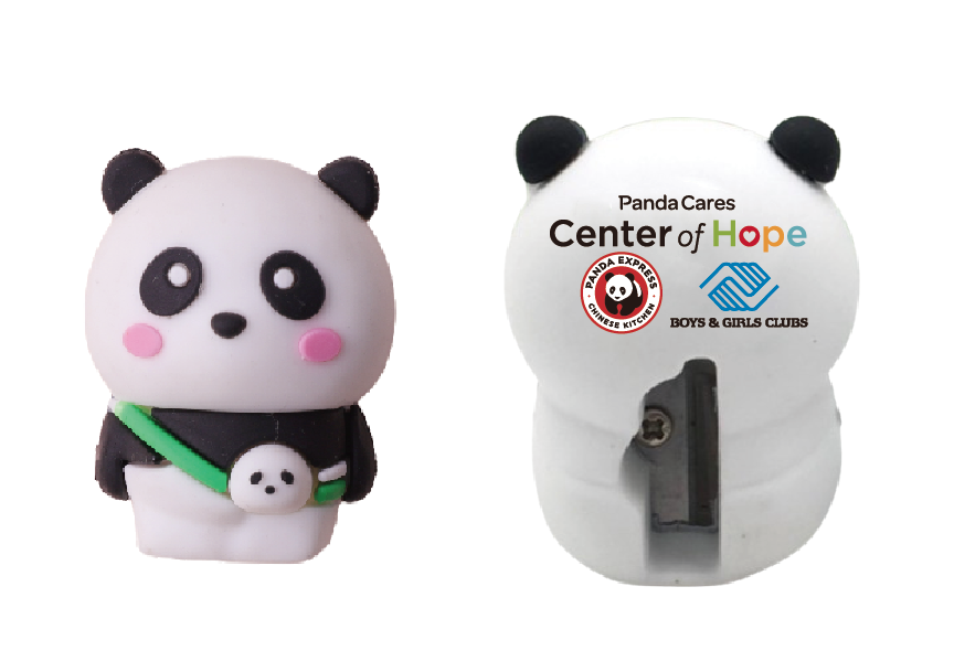 Front and back view of a panda-shaped pencil sharpener featuring the Panda Cares Center of Hope, Panda Express, and Boys & Girls Clubs logos.