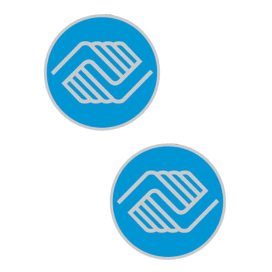 Round blue Boys & Girls Clubs pins with logo and silver edge.